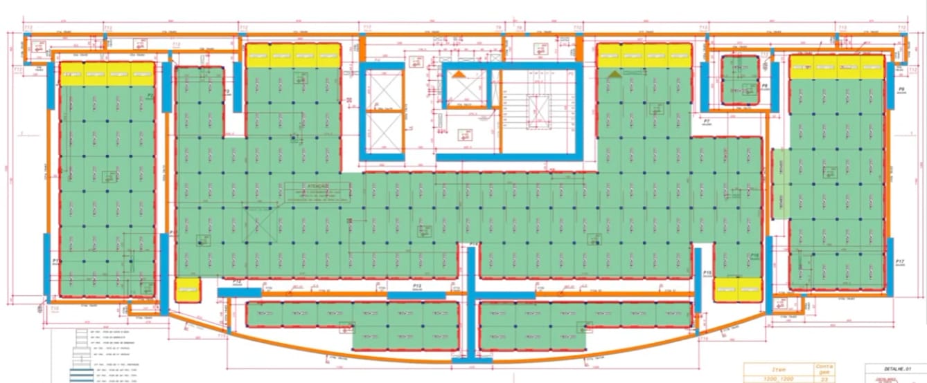 Projeto de engenharia do cimbramento metálico Green Formwork modelado sobre a planta da obra